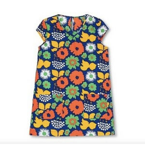 marimekko 100% Cotton Kukkatori Print Retro Orange Yellow Floral Blue Dress